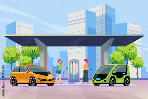 Electric vehicle charging station that supports urban life. Woman charging electric car on charging station. Concept of living in urban society. green energy concept, vector illustration
