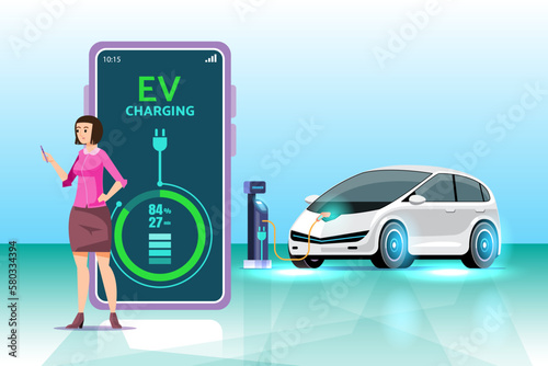 Mobile application that tells the charging status of the electric vehicle. mobile application for EV car management. Concept of electric vehicle charge.