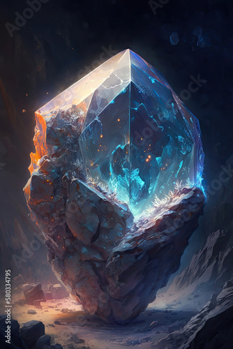abstract illustration a shiny big blue diamond stuck in a rock in a cave
