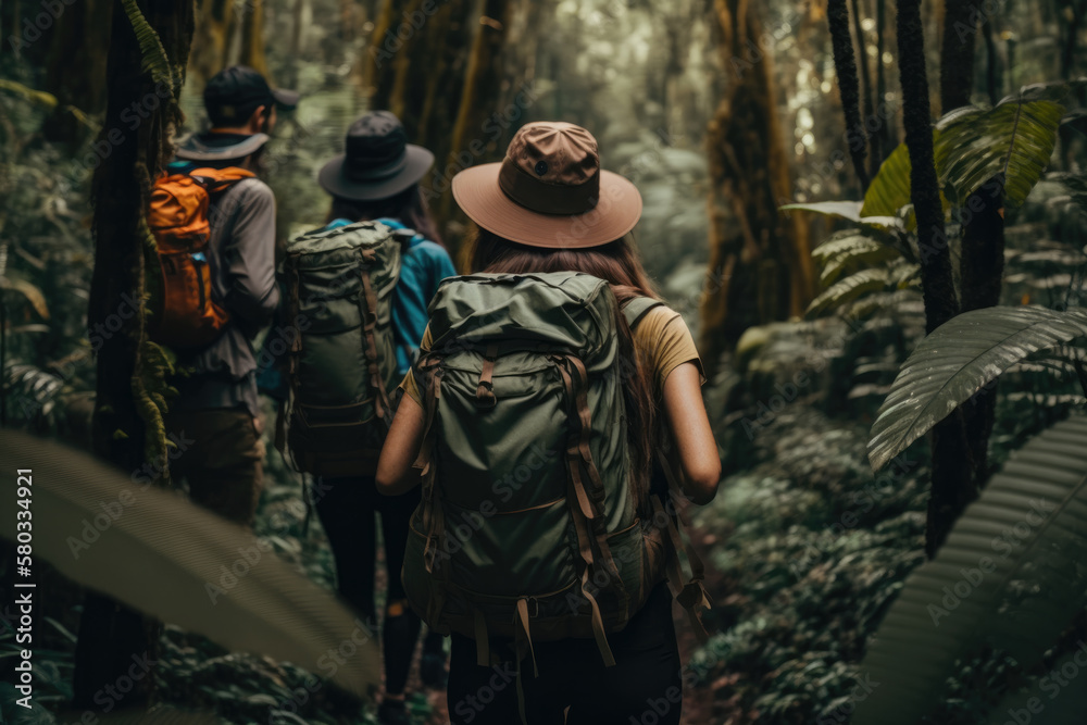 Rucksack Touristen gehen durch den Regenwald