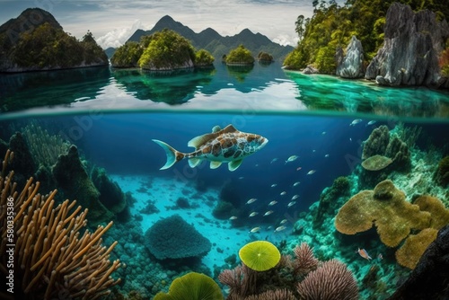 In the serene equatorial waters of Raja Ampat, Indonesia, the lovely tropical islands of Pef are situated. The wide variety of marine species found in this special area is its best known feature photo