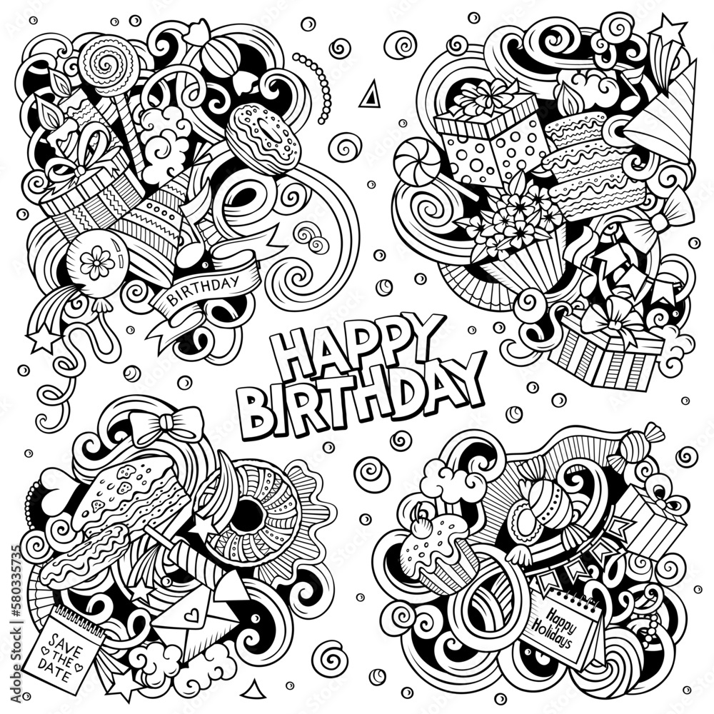 Birthday cartoon vector doodle designs set.