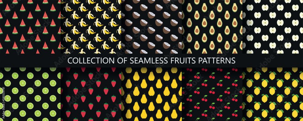 Collection of seamless fruits geometric patterns - hand drawn cartoon design. Repeatable summer nature backgrounds. Black endless creative prints. Vector illustration