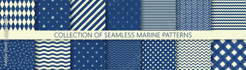 Collection of simple geometric seamless sea patterns. Blue marine backgrounds. Repeatable textile prints