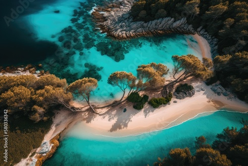 Famous pine tree forest on the island of Corsica, close to the Mediterranean Sea's turquoise waves, can be seen from above in this aerial photo of Palombaggia Beach in the South of Corsica, France