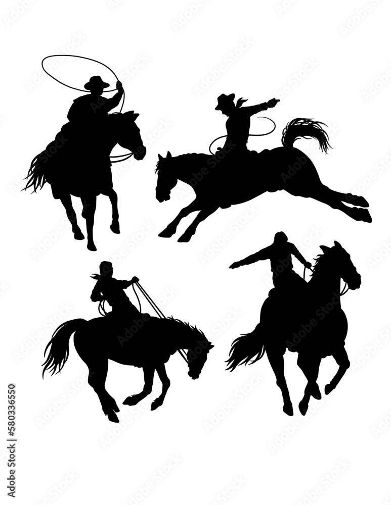 cowboy rodeo action pose riding a horse silhouette Stock Vector 