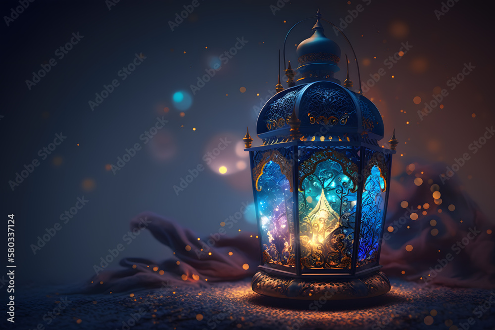 Ramadan Lantern with Colorful Light Glowing at Night and Glittering made with Generative AI Ramadan Lantern with Colorful Light Glowing at Night and Glittering made with Generative AI