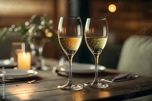 Elegant champagne glasses on table, AI generative