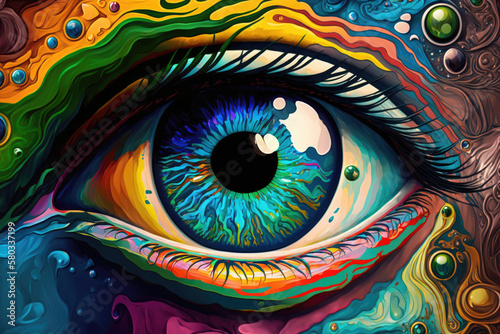 big abstract eye, very colorful, colorful iris big pupil, flesh painted, background image
