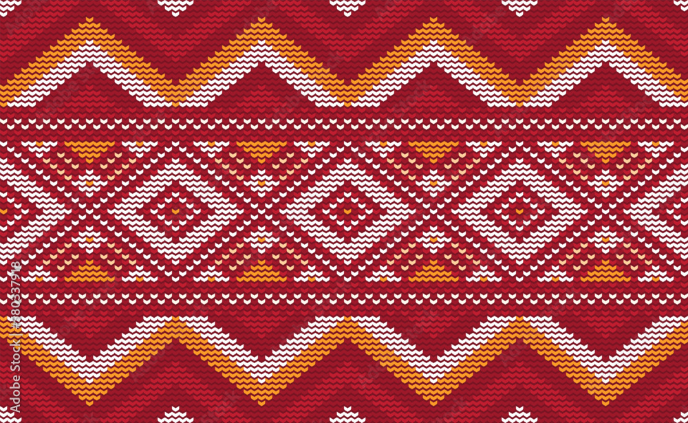 Vector cross stitch geometric background, Knitted ethnic pattern, Embroidery abstract beautiful style, Red and white pattern ethnic thread, Design for textile, fabric, batik, digital print, tapestries