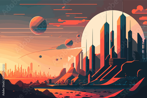 The futuristic city in space, vector flat Eps 10