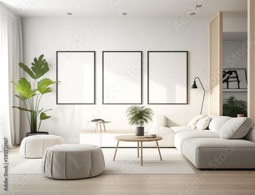 Illustration of a modern light apartment with poster frames on the wall created with Generative AI technology.