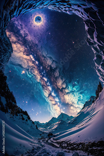 abstract south pole illustration  a colorful veil in the starry sky  mountains covered with snow