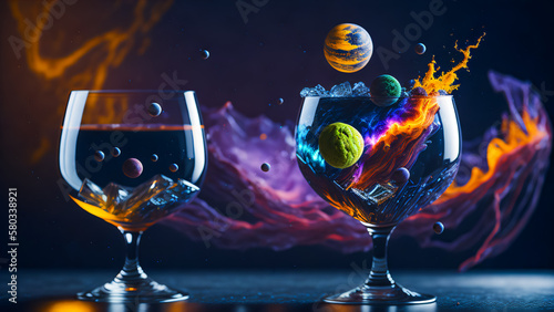 Transparent glass with a cosmic cocktail - planets, stars and nebulae. Generative AI