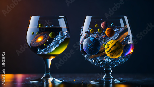 Transparent glass with a cosmic cocktail - planets, stars and nebulae. Generative AI