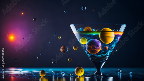 Transparent glass with a cosmic cocktail - planets, stars and nebulae. Generative AI