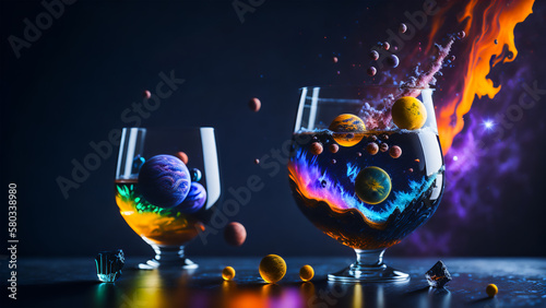 Transparent glass with a cosmic cocktail - planets, stars and nebulae. Generative AI