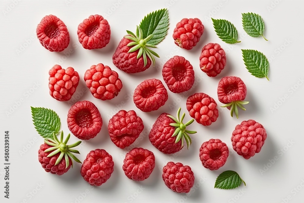 Top view of juicy fresh raspberries isolated on a white backdrop. Generative AI