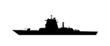 Warship black silhouette isolated on a white background. Naval ship from the side view.