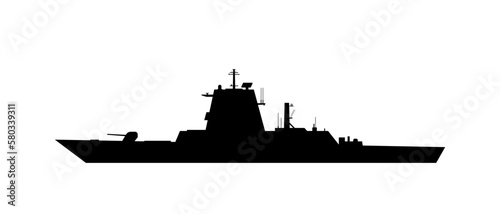 Warship black silhouette isolated on a white background. Naval ship from the side view.