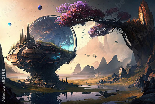 the world of the future, colonization of another planet, space station, illustration