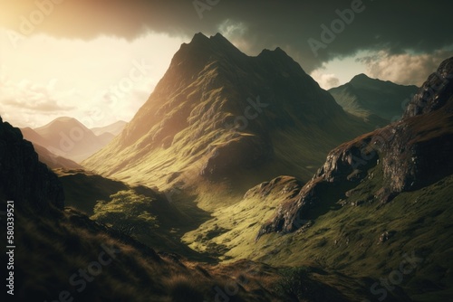 The lush mountains are bathed in sunlight. Generative AI