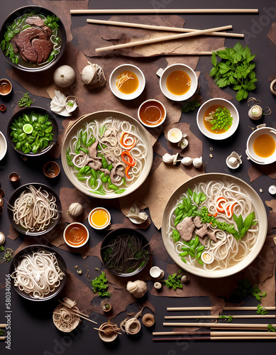 A surface littered with bowls of food and chopsticks, conceptual art, food photography, flecking, layout, high quality image, infinite pattern element