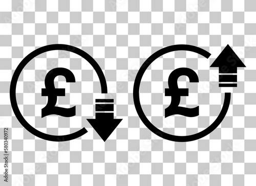 Set of cost symbol pound increase and decrease icon. Money vector symbol isolated on background