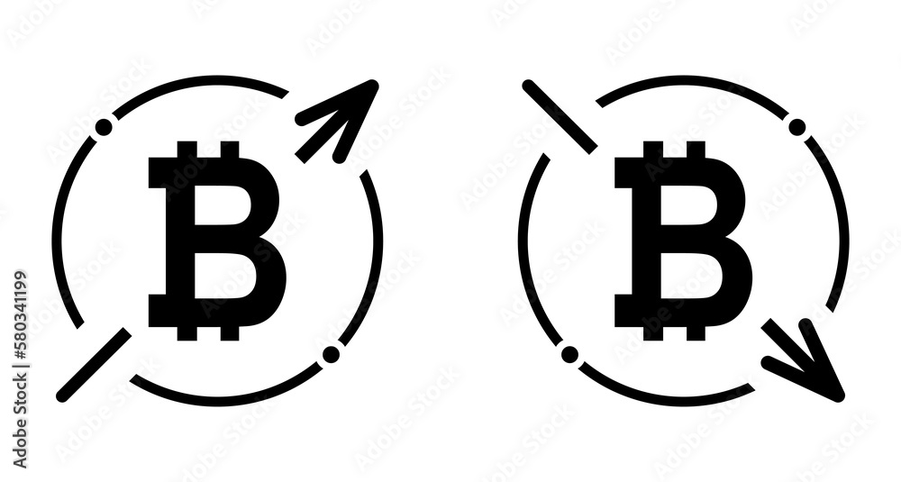 Set of cost symbol bitcoin increase and decrease icon. Money vector symbol isolated on background Set of cost symbol bitcoin increase and decrease icon. Money vector symbol isolated on background