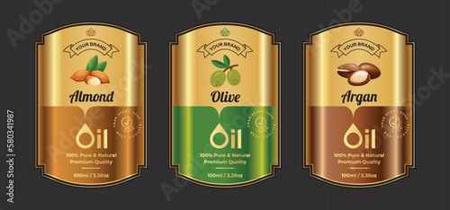 Almond oil label design Olive oil label design Argan oil label design retro style vintage gold and black premium labels collection