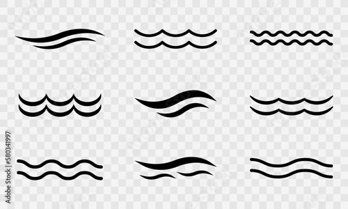 Set of water waves vector icons. Sea and ocean black waves on transparent background. Vector 10 Eps.