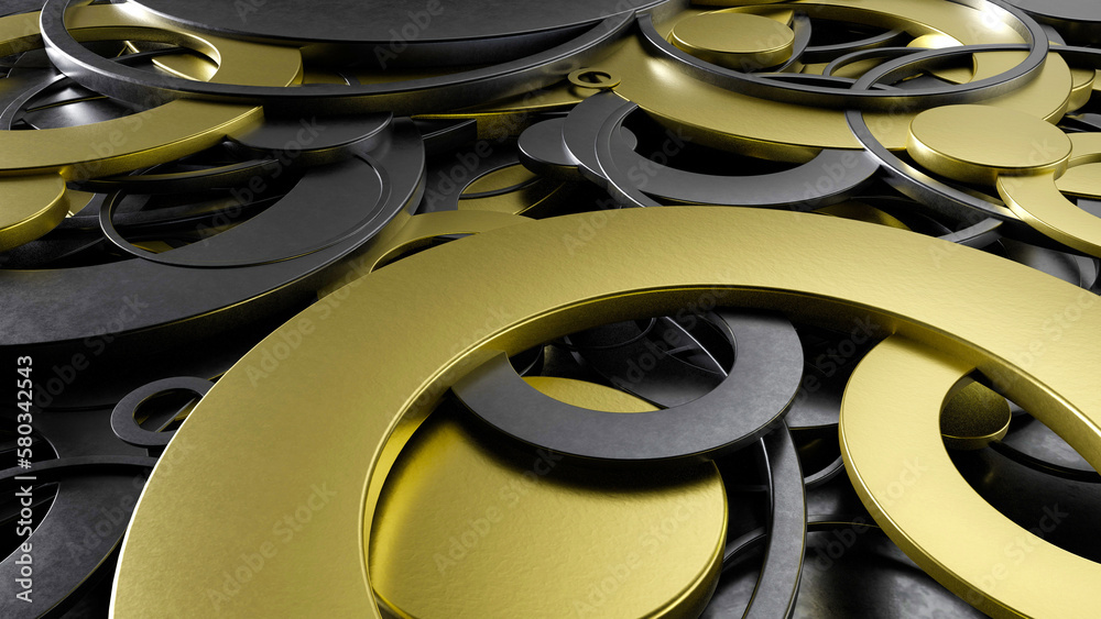 Gold and black circles overlapping background. 3d render illustration Gold and black circles overlapping background. 3d render illustration