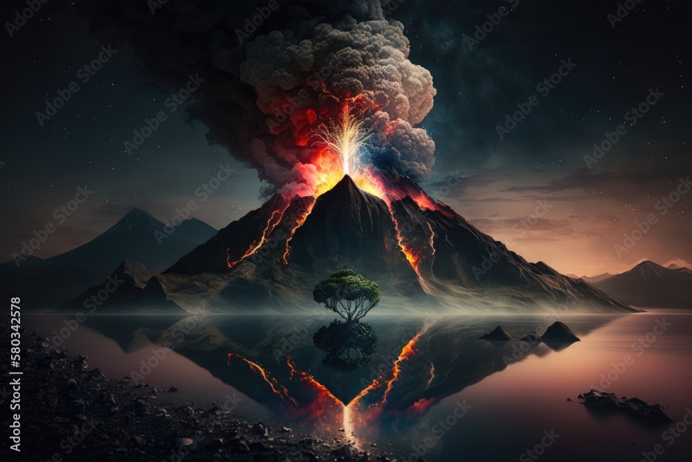 Volcano eruption in a nighttime natural landscape. Generative AI