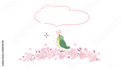 桜の枝にとまるメジロと吹き出しのイラスト