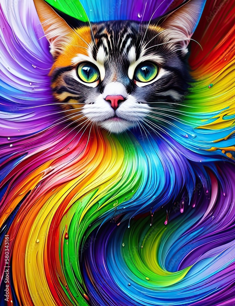 Cat with rainbow splashes of colors