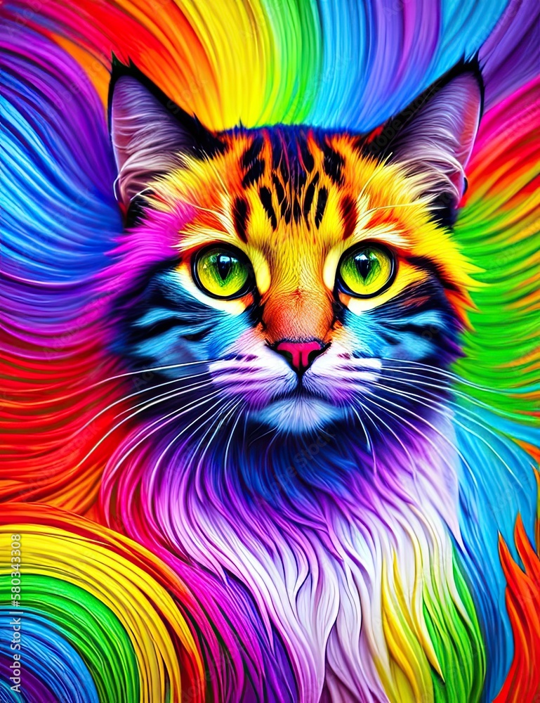 Cat with rainbow splashes of colors