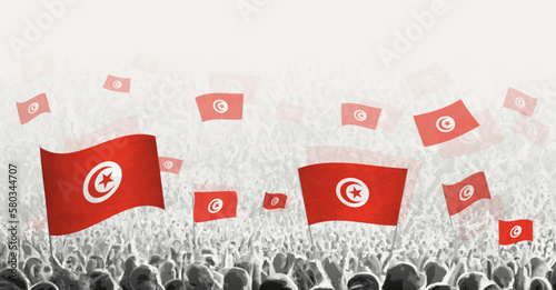 Abstract crowd with flag of Tunisia. Peoples protest, revolution, strike and demonstration with flag of Tunisia.