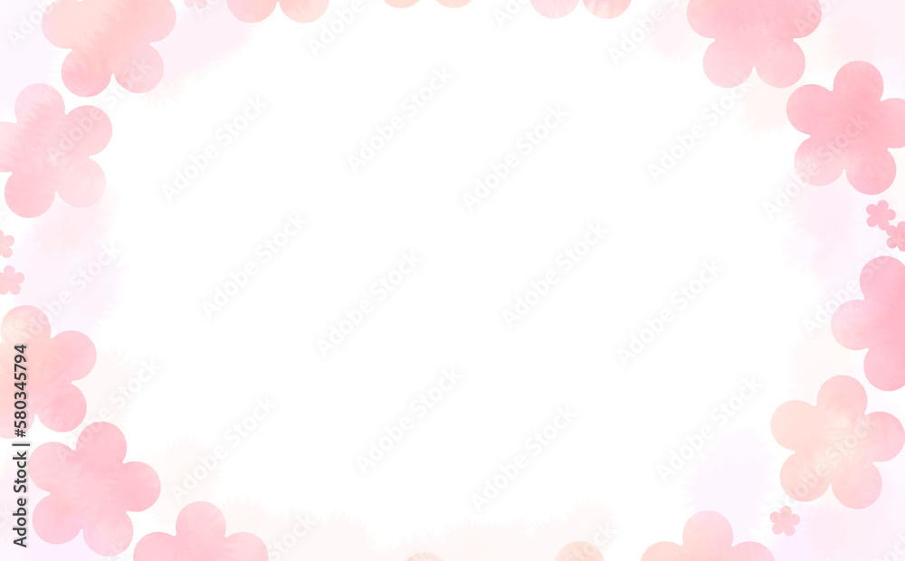 花柄の大き目楕円フレーム・ピンク系　ふんわり水彩画テクスチャ イラスト素材 色違い・差分有