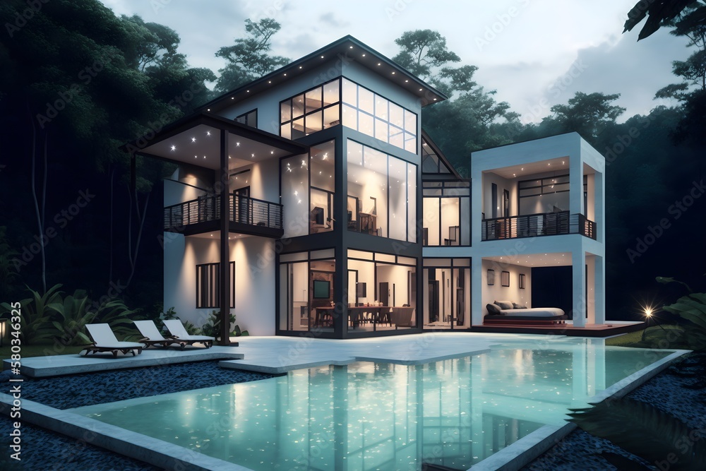 Modern panama villa with pool design, Generative AI