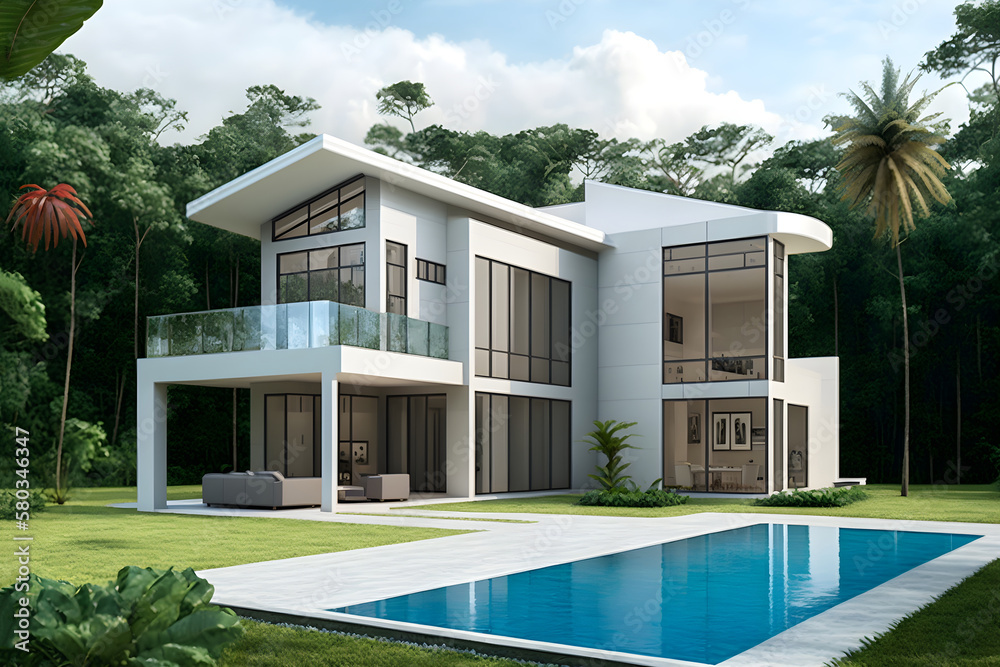 Modern panama villa with pool design, Generative AI