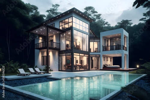 Modern panama villa with pool design, Generative AI © Anupam