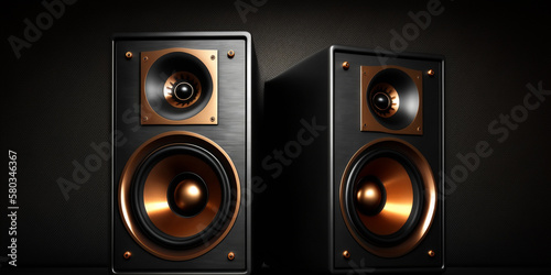 Two sound speakers with free space between them on black background Generative AI