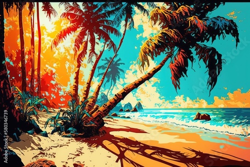 Summer beach sun tropical trees. Generative AI