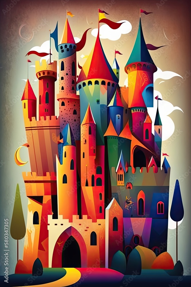 A Dreamlike Artwork of a Beautiful Castle Collage: Discover the Colors of a Fairytale Childhood: Generative AI