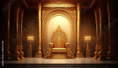 An Empty Majestic Golden Throne Room with Rich Royal Decor - A King's Sanctuary for Royal Gods: Generative AI