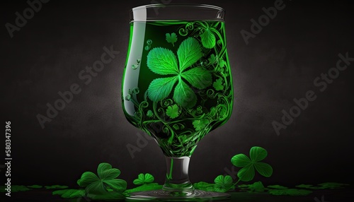 Cheers to St. Patrick's Day: Holiday Celabrations with Irish Beer and a Shamrock Clover in the Glass: Generative AI photo