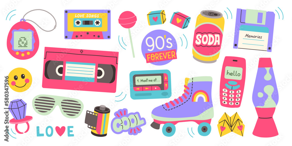 Classic 80s 90s elements in modern style flat, line style. Hand drawn ...