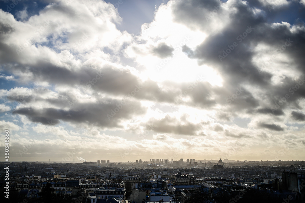 Paris city scape afar in cloudy day and residential area