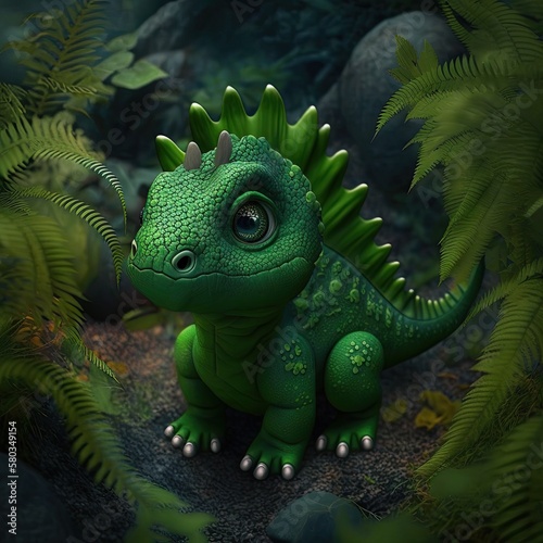 Sweet Little Baby Dino Charms with Big Eyes in the Wild Jungle: A 3D Realistic Wildlife Encounter, Generative AI © AIGen