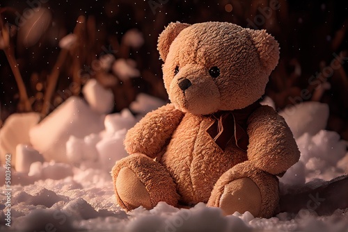 The toy bear was left in the winter at the children's playground. A cute brown bear sitting alone on the snow during winter time. Generative Ai